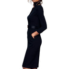 Marina | Vestido negro refinado con cinturón y cuello mandarín