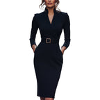 Marina | Vestido negro refinado con cinturón y cuello mandarín